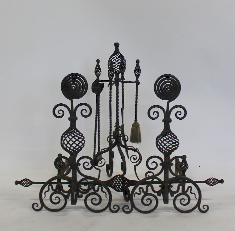 Appraisal: Antique Wrought Iron Andirons and Tools From a Scarsdale estate