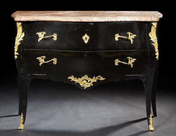 Appraisal: Louis XV-Style Ormolu-Mounted Ebonized and Marble-Top Bombe Commode mid- th