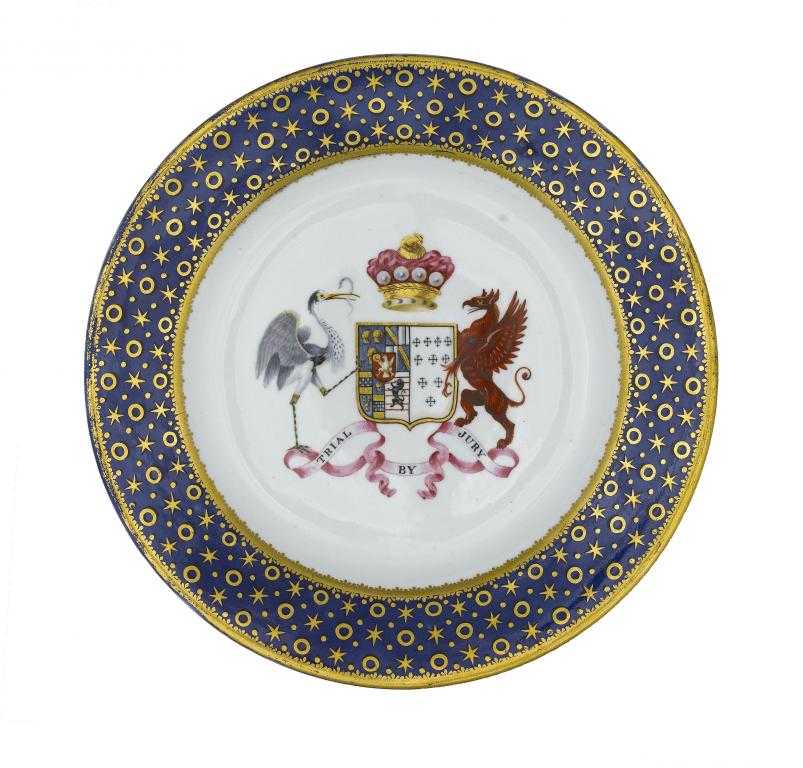 Appraisal: A DERBY ARMORIAL PLATE finely enamelled with the full achievement