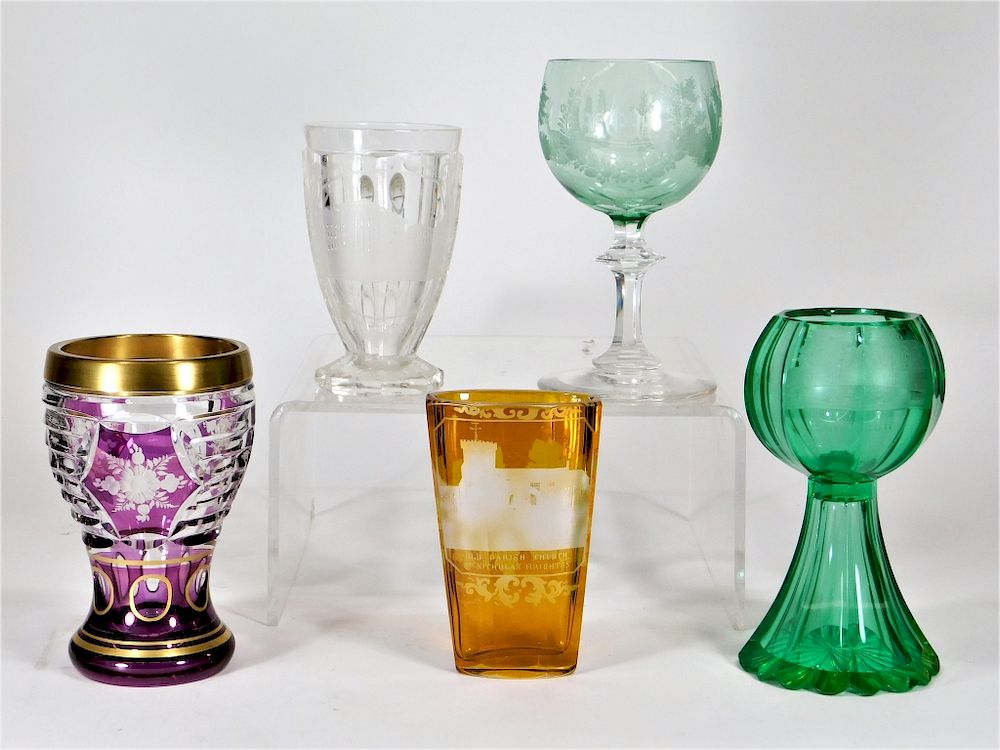 Appraisal: PC Bohemian Czech Moser Etched Glass Group Czechoslovakia Circa Attributed