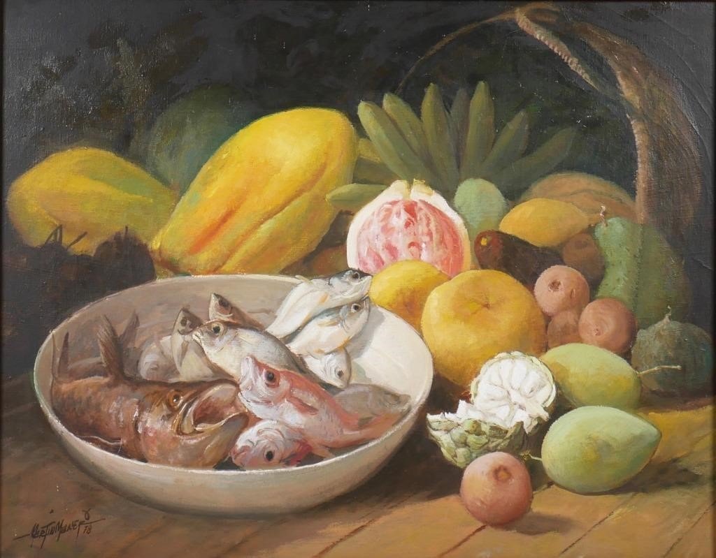 Appraisal: Still life oil on canvas painting showing fish and fruit