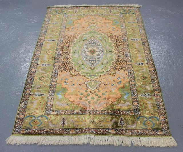 Appraisal: Vintage Persian Silk Scatter Carpet Finely woven with animals From