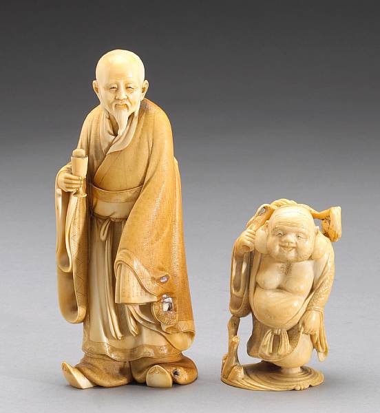 Appraisal: Two ivory figural okimono The first a tinted carving of