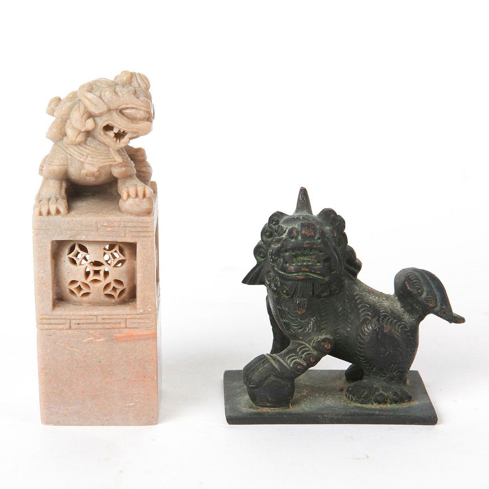 Appraisal: PAIR BRONZE AND CARVED STONE DOG OF FOO SCULPTURES Small