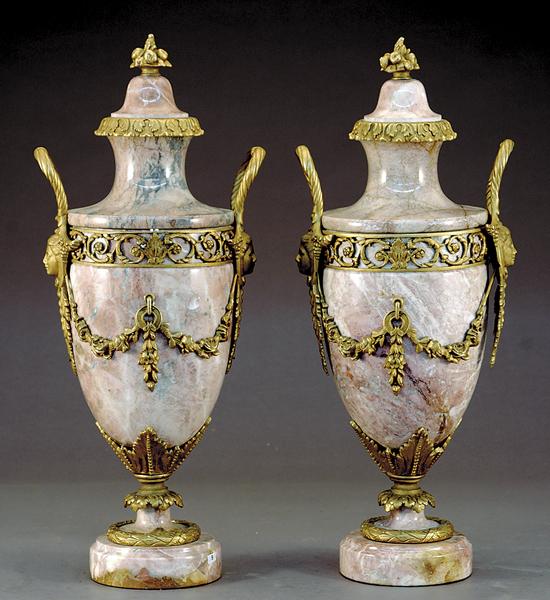 Appraisal: Pair French bronze-mounted marble urns floral finial on domed top