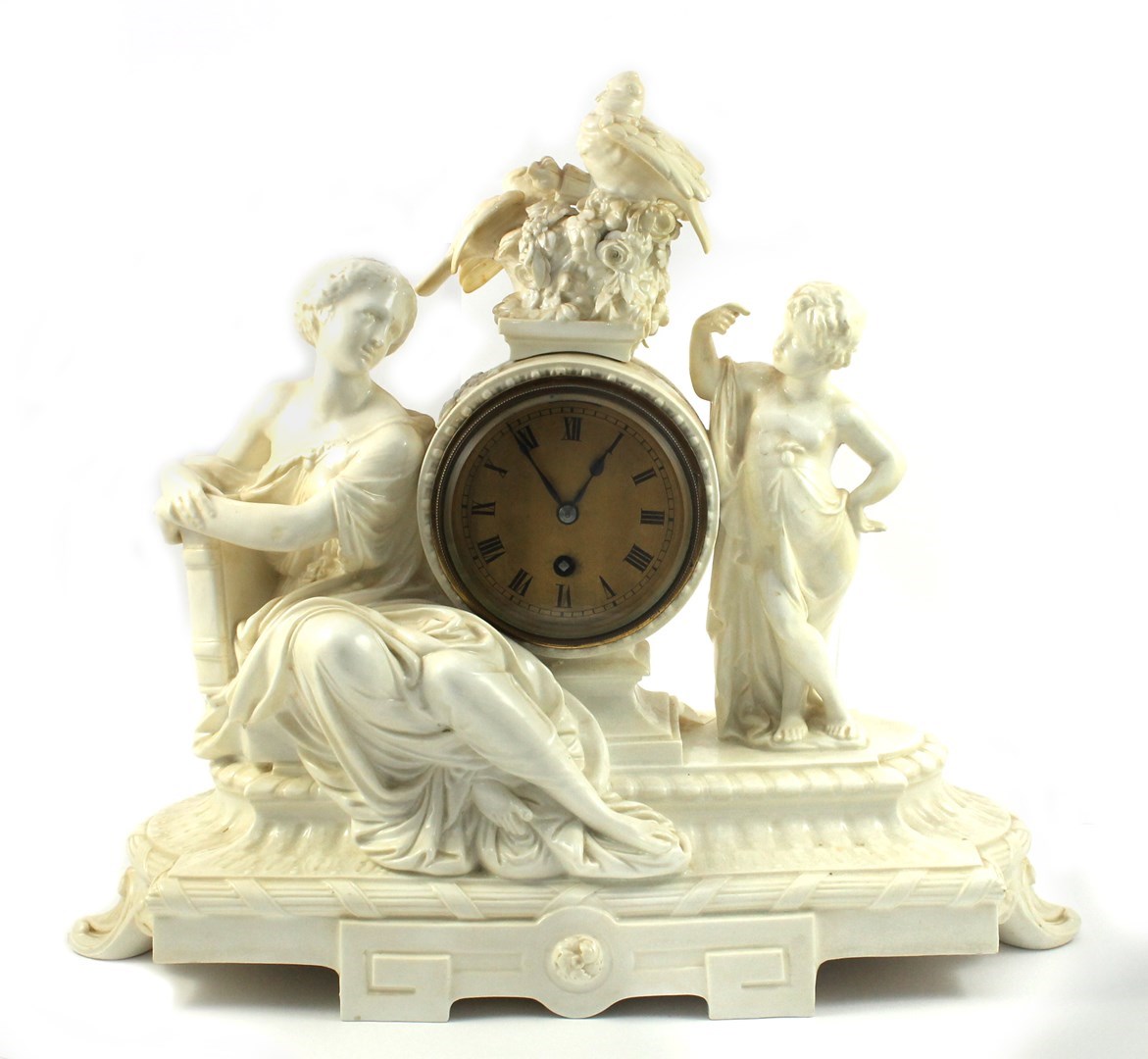 Appraisal: An English porcelain white glazed mantel clock late th century