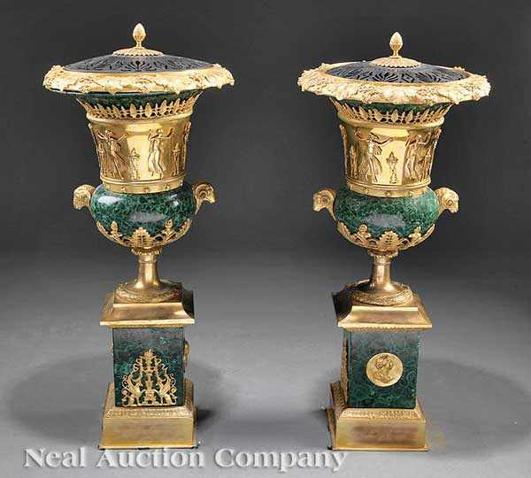 Appraisal: A Pair of Continental Gilt Bronze-Mounted Malachite Censers urn form