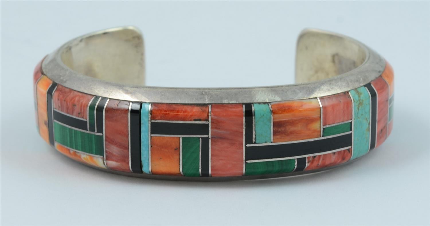 Appraisal: Navajo sterling cuff bracelet set with turquoise coral jet malachite