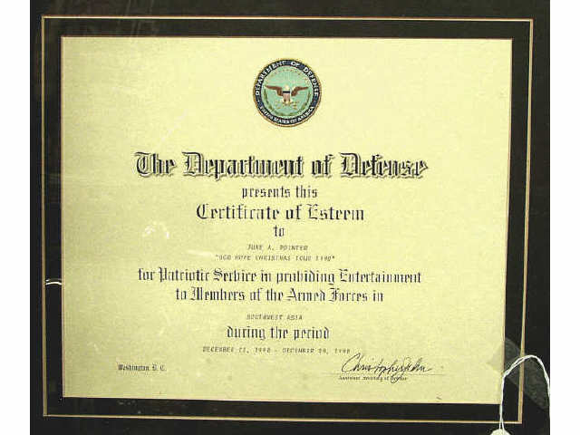 Appraisal: Dept of Defense Certificate of Esteem presented to June A