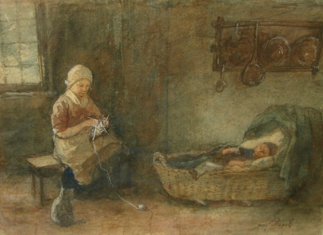 Appraisal: Interior genre scene with mother and child circa watercolor x