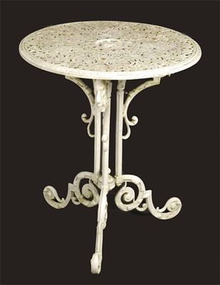 Appraisal: A white painted aluminium garden table the pierced circular top