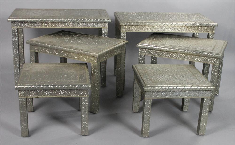 Appraisal: TWO SETS OF INDIAN METAL-VENEERED NESTED TABLES each set comprising