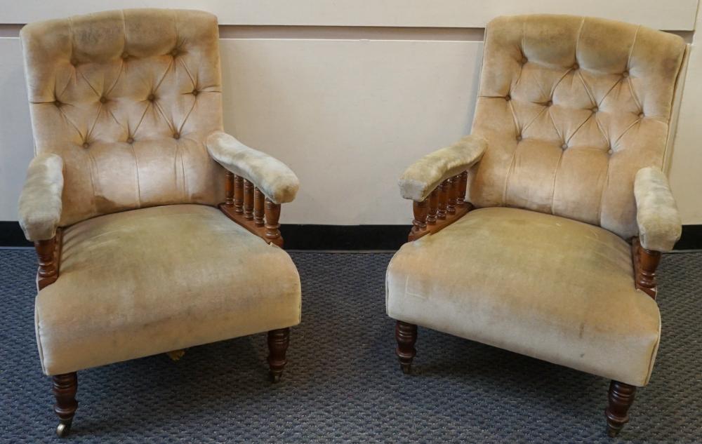 Appraisal: Pair of Regency Style Mahogany and Tufted Upholstered Armchairs