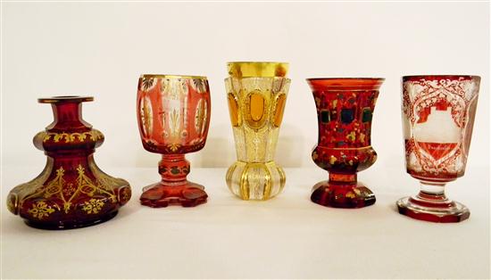 Appraisal: Bohemian glass four pieces cranberry including one bottle and three