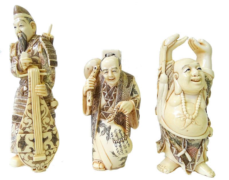 Appraisal: Chinese Carved Figures Three Chinese Carved Ivory Netsuke Figures Various