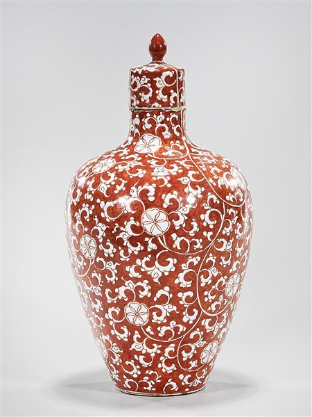 Appraisal: Chinese coral red porcelain covered vase x approx Condition general