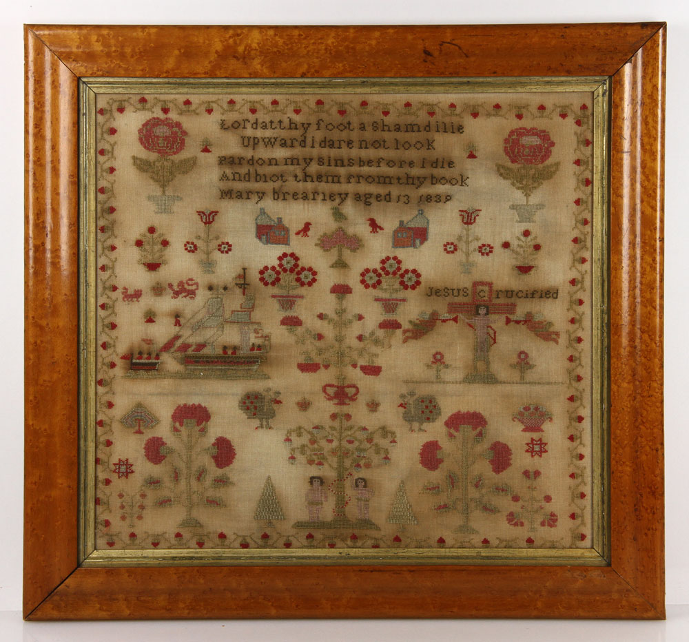 Appraisal: - Sampler in Bird's Eye Maple Frame Sampler in bird's