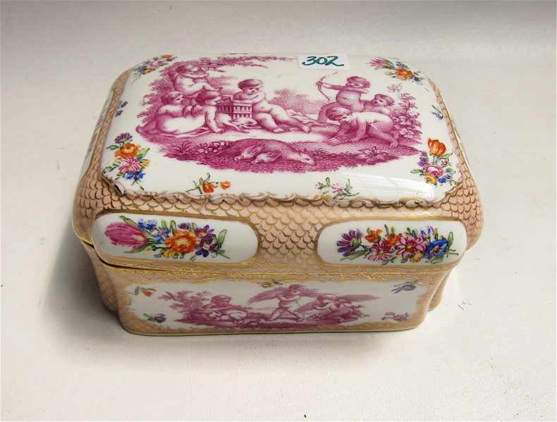 Appraisal: FRENCH HAND PAINTED PORCELAIN BOX of casket form with Rococo