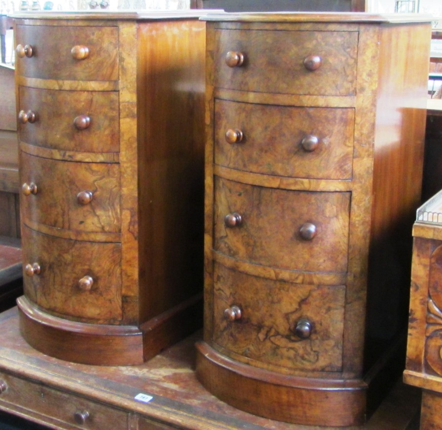 Appraisal: A pair of walnut and burr walnut bedside bowfront bedside