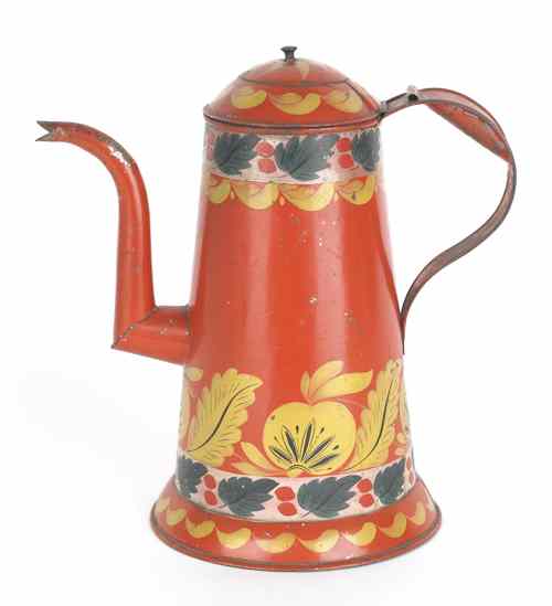 Appraisal: Pennsylvania tole decorated tin coffee pot late th c with