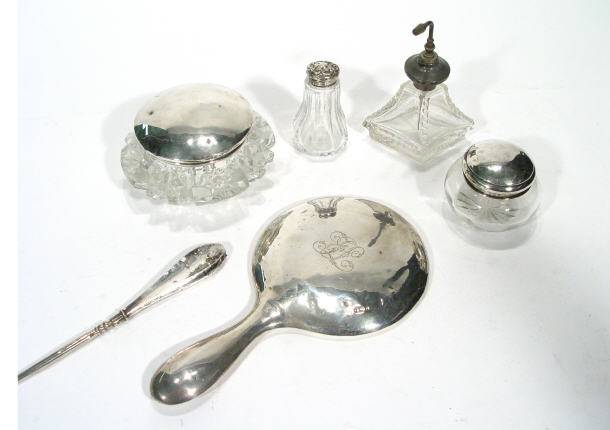 Appraisal: Group of silver dressing table items including two cut glass