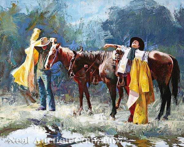 Appraisal: Oleg Stavrowsky American b Here it Comes oil on canvas