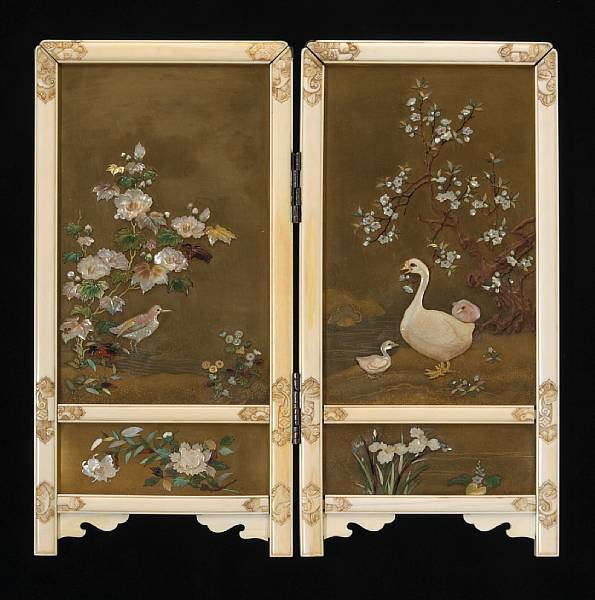 Appraisal: A fine Shibayama school inlaid lacquer and ivory table screen