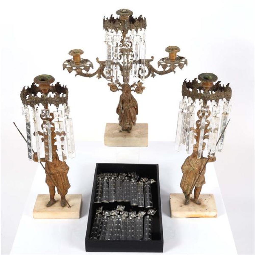 Appraisal: THREE PIECE GILT BRASS GIRANDOLE SUITE FIGURALE TABLE CANDLE LUSTRES