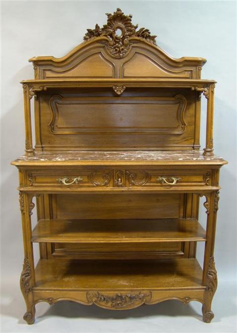 Appraisal: VICTORIAN WALNUT CONSOLE WITH RED MARBLE the crest with elaborate