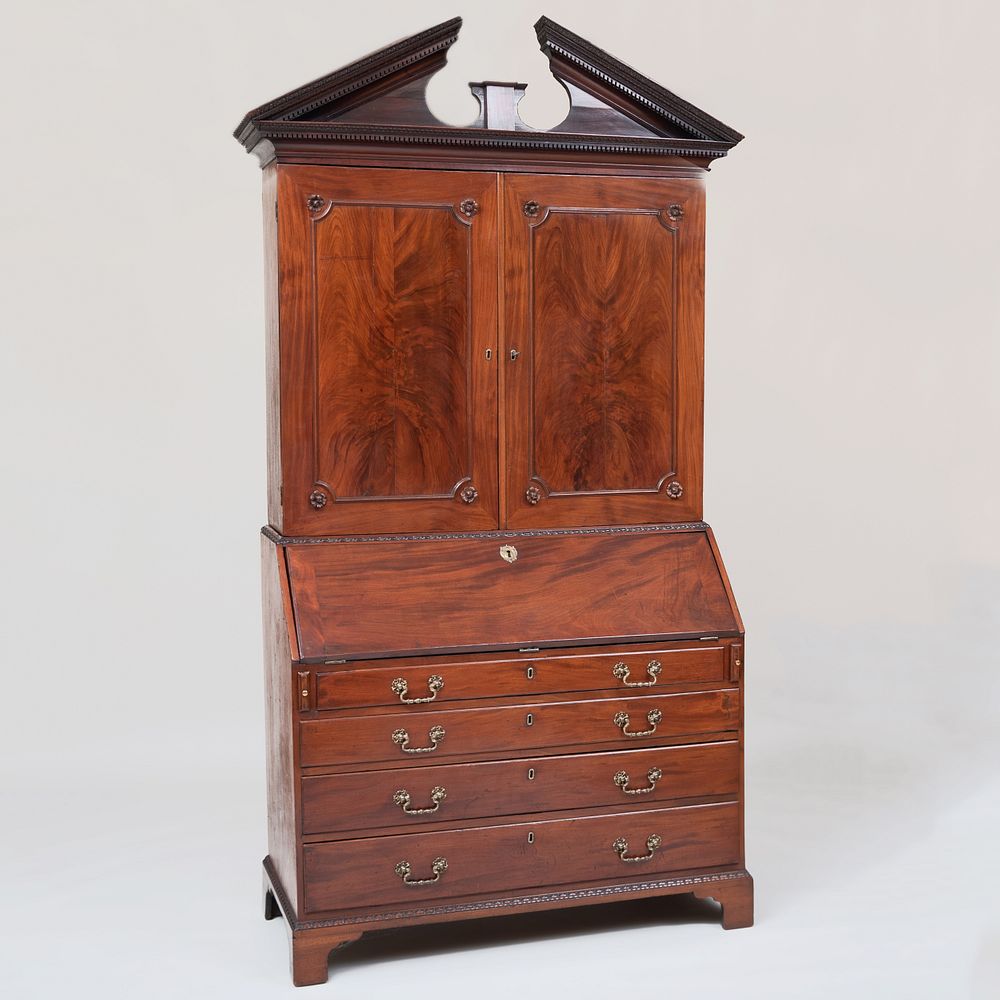 Appraisal: George III Mahogany Slant-Front Bureau Bookcase The upper part with