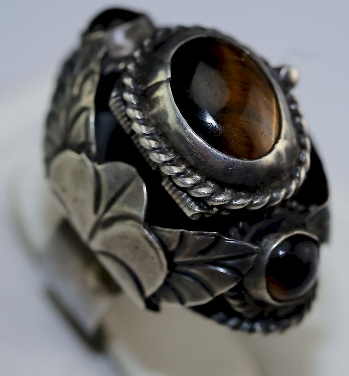 Appraisal: VTG Mexican Sterling Silver Tigers Eye Poison Ring Mexican poison