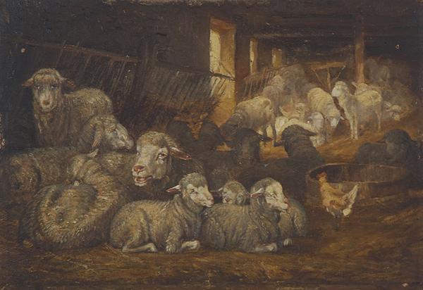 Appraisal: th th C AMERICAN Untitled Sheep in Barn oil on