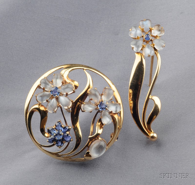 Appraisal: Two Retro kt Gold Moonstone and Sapphire Flower Brooches a