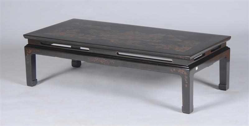 Appraisal: CHINESE BLACK LACQUER LOW TABLE Composed of a Chinese panel