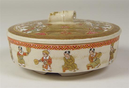 Appraisal: Kutani Covered Bowl Footed bowl with band of children Lid