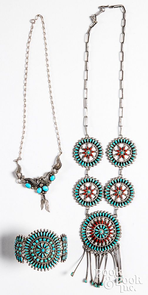 Appraisal: Silver and turquoise five-medallion necklace etc Silver and turquoise five-medallion