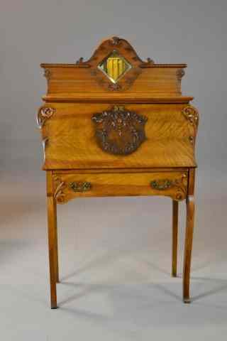 Appraisal: Carved Drop-Front Victorian Tiger Maple SecretaryHeavily carved with applied carving