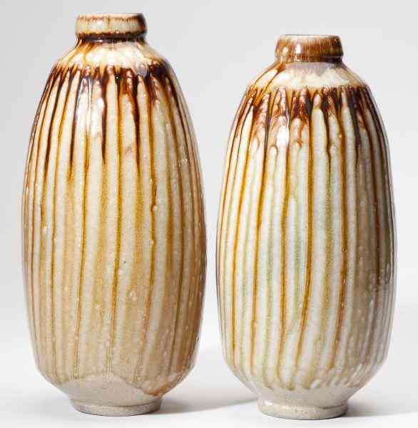 Appraisal: NC Pottery Pair Contemporary Vases Daniel Johnstotall bottle form raised