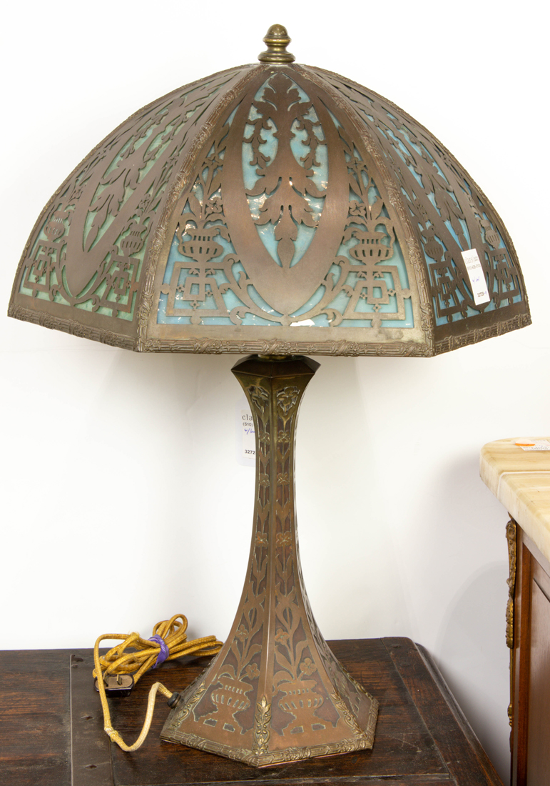 Appraisal: Arts and Crafts style metal overlay and glass lamp h