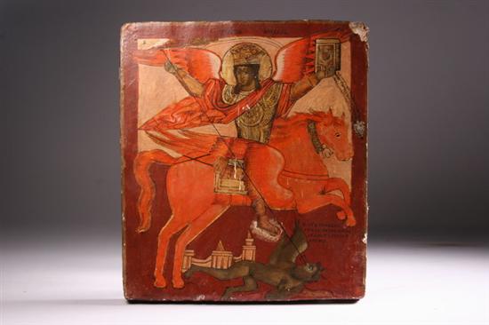 Appraisal: RUSSIAN DOUBLE-SIDED PROCESSIONAL ICON th century One side depicting Archangel