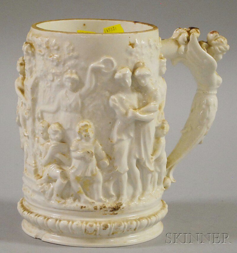 Appraisal: Capo di Monte Porcelain Tankard Italy relief-decorated with a classical