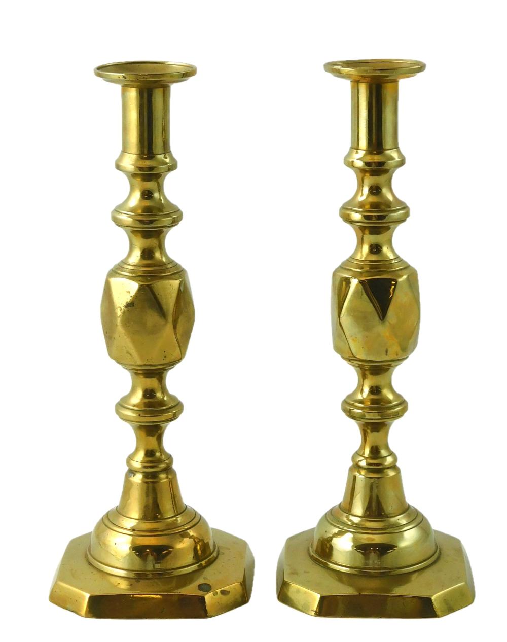 Appraisal: Pair th C 'Queen of Diamonds' brass candlesticks turned and