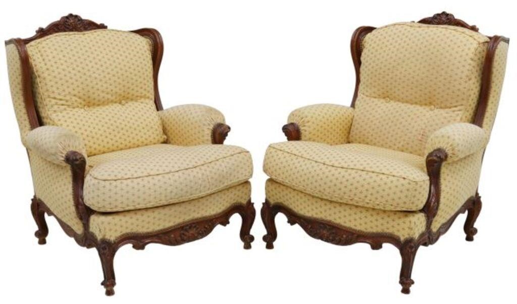 Appraisal: pair Louis XV style wingback armchairs th c loose back