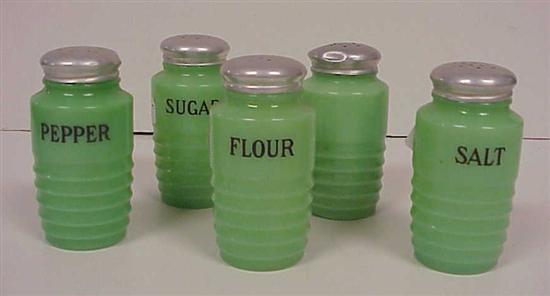 Appraisal: Five Jadeite glass condiment holders th C probably by Jeanette