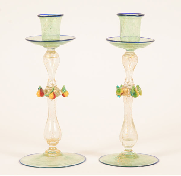 Appraisal: Pair Murano art glass candlesticks with applied fruit to the