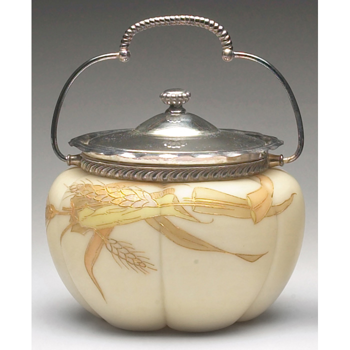 Appraisal: Webb biscuit jar melon form with enameled wheat stalks against