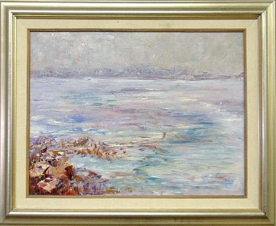 Appraisal: - Oil on canvas seascape painting looking over a rocky