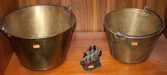 Appraisal: Two brass and wrought iron kindling buckets pair of galleon-form