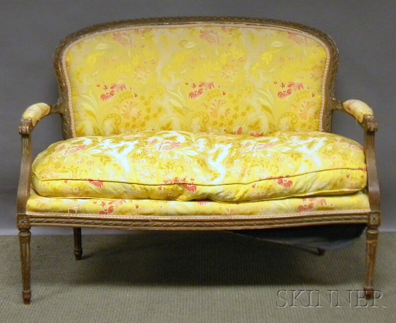 Appraisal: Louis XVI-style Damask Upholstered Carved Walnut Settee lg in