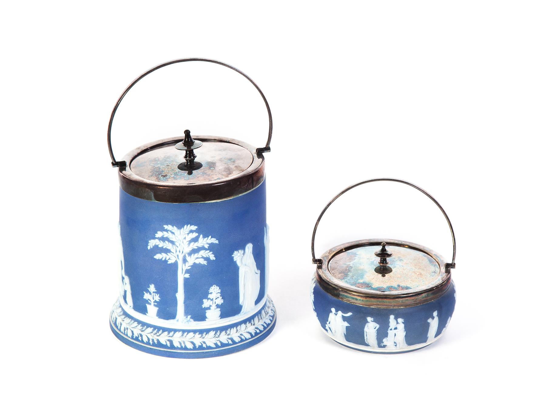 Appraisal: TWO WEDGWOOD MEDIUM BLUE-DIP JASPERWARE BISCUIT JARS England nd half-